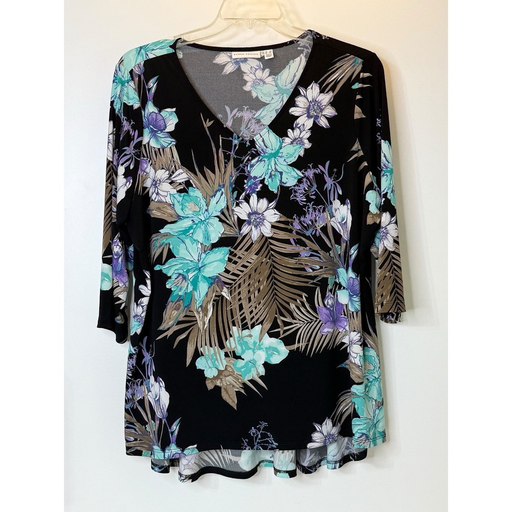 Susan Graver Blouse Womens Black Hawaiian Palm Floral V-Neck High Low Top 2X